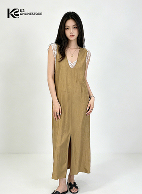 K2 ONLINESTORE 赫本风褐色v领背心连衣裙女宽松休闲显瘦叠穿长裙