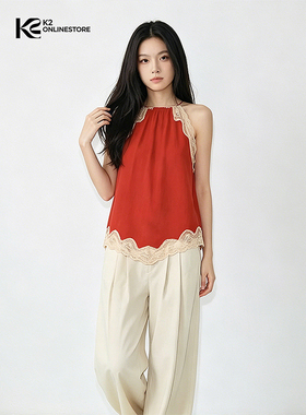 K2 ONLINESTORE 复古辣妹红色蕾丝花边挂脖吊带女装性感露背上衣