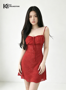 K2 ONLINESTORE 纯欲风红色印花吊带连衣裙女氛围感修身显瘦短裙