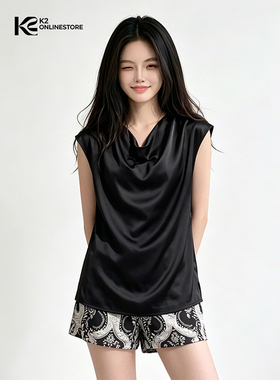 K2 ONLINESTORE 极简风缎面荡领无袖背心女黑色休闲显瘦百搭上衣