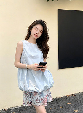 K2 ONLINESTORE韩系经典圆领无袖背心上衣女蓝色宽松显瘦花苞衬衫