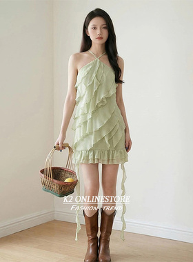 K2 ONLINESTORE纯欲荷叶边拼接飘带挂脖连衣裙女绿色海边修身短裙