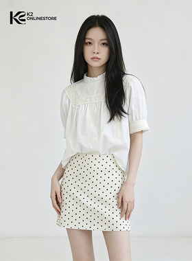 K2 ONLINESTORE法式蕾丝花边圆领短袖衬衫女白色宽松休闲显瘦上衣