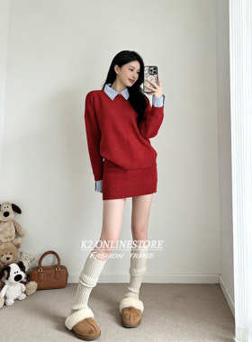 K2 ONLINESTORE 法式简约假两件针织上衣女红色收腰显瘦短裙套装