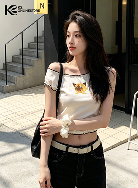 K2 ONLINESTORE 韩系猫猫印花撞边短袖T恤衫女夏季款日常百搭上衣