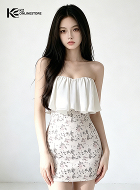 K2 ONLINESTORE纯欲风小碎花网纱抹胸连衣裙女氛围感修身包臀短裙