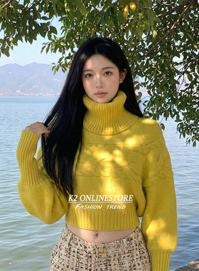 K2 ONLINESTORE韩版黄色提花高领长袖毛衣女气质收腰显瘦短款上衣
