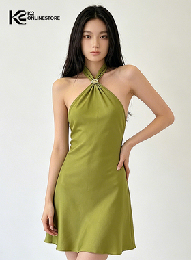 K2 ONLINESTORE 纯欲风环扣挂脖连衣裙女性感修身露背绿色短裙子