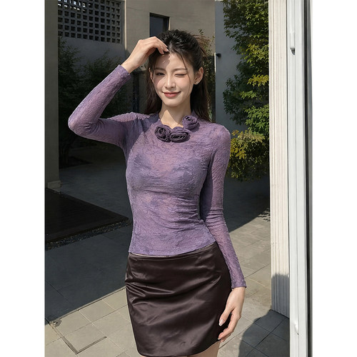 气质紫色立体花朵微透蕾丝上衣秋