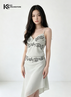 K2 ONLINESTORE 南法风印花v领吊带背心女经典收腰不规则半裙套装