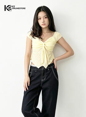 K2 ONLINESTORE 辣妹黄色印花褶皱v领短袖T恤女减龄修身外搭上衣