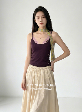 K2 ONLINESTORE 纯欲风紫色纽扣装饰吊带背心女气质修身针织上衣