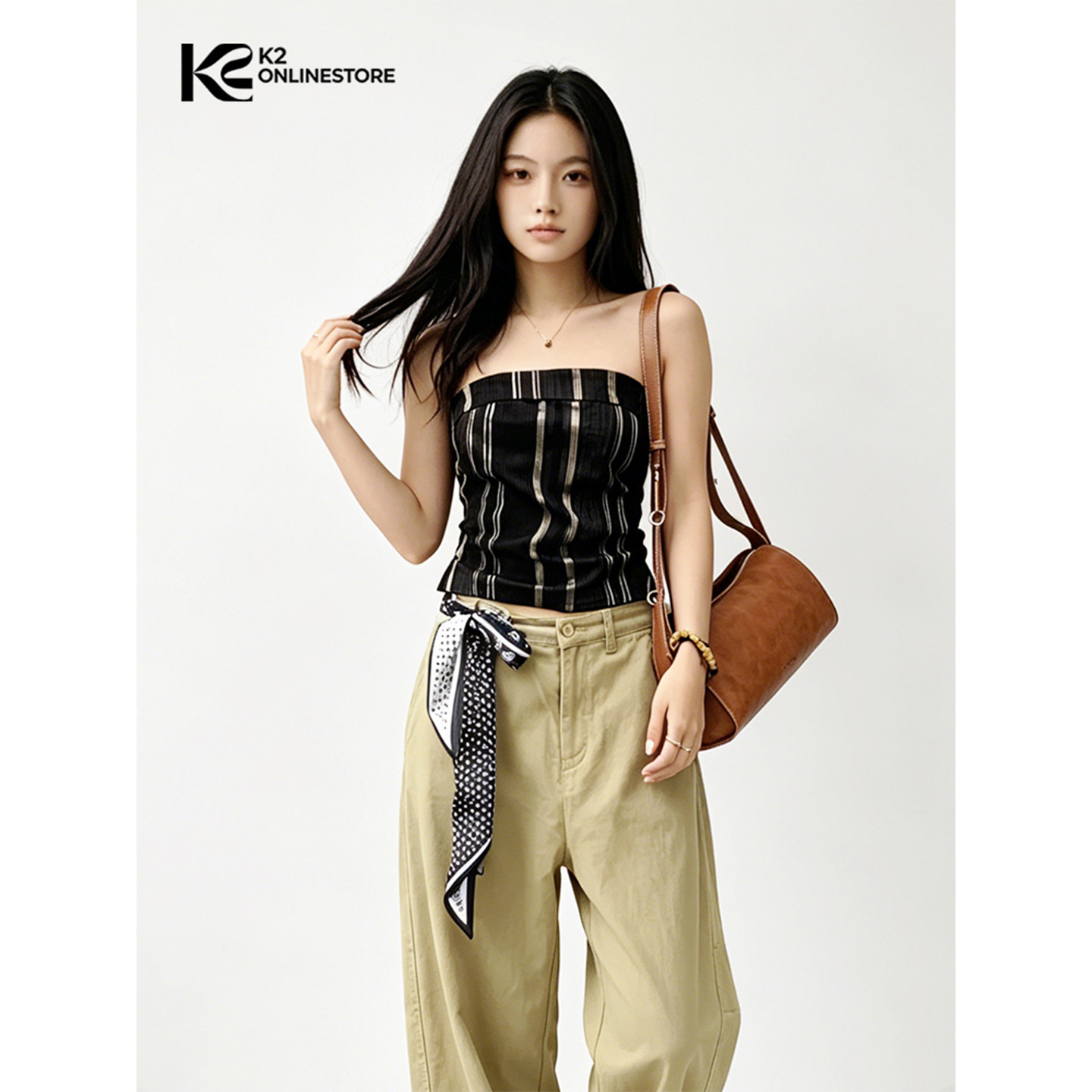 K2 ONLINESTORE千禧辣妹露肩条纹抹胸背心女黑色修身显瘦外搭上衣