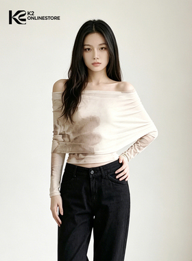 K2 ONLINESTORE 纯欲花卉印花露肩一字领网纱T恤女春夏款修身上衣