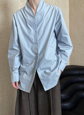 K2 ONLINESTORE 韩版蓝色立领长袖衬衫女早秋慵懒风宽松休闲上衣
