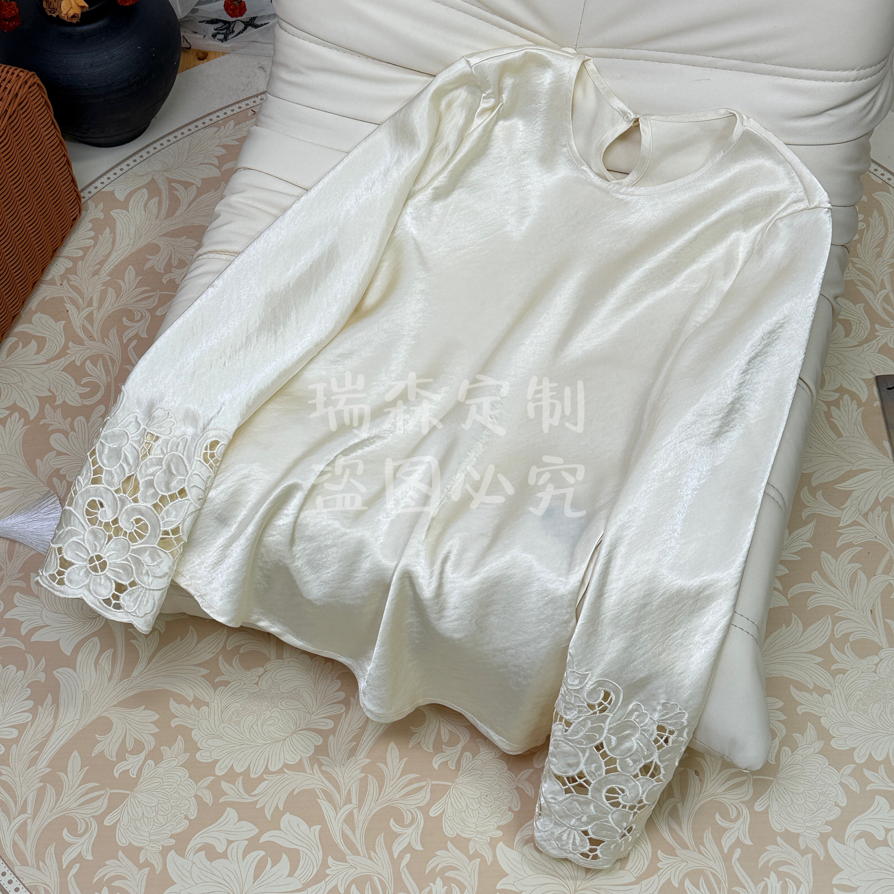 333 南油高定圆领糖果色长袖蕾丝刺绣T恤上衣-胸围98-衣长62