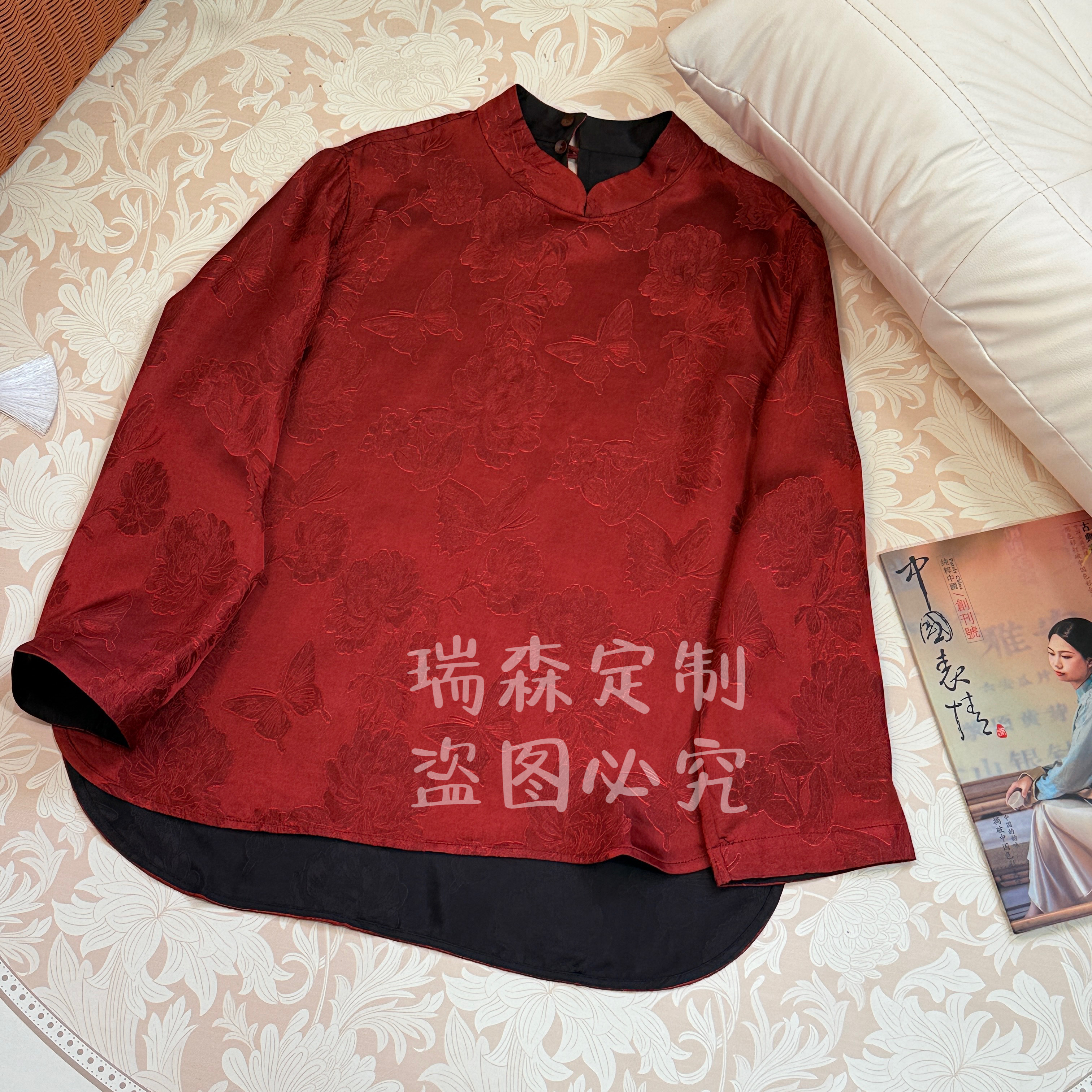 1079 双面穿纯色提花立领衬衫国风中式-胸围100-前长61后长68