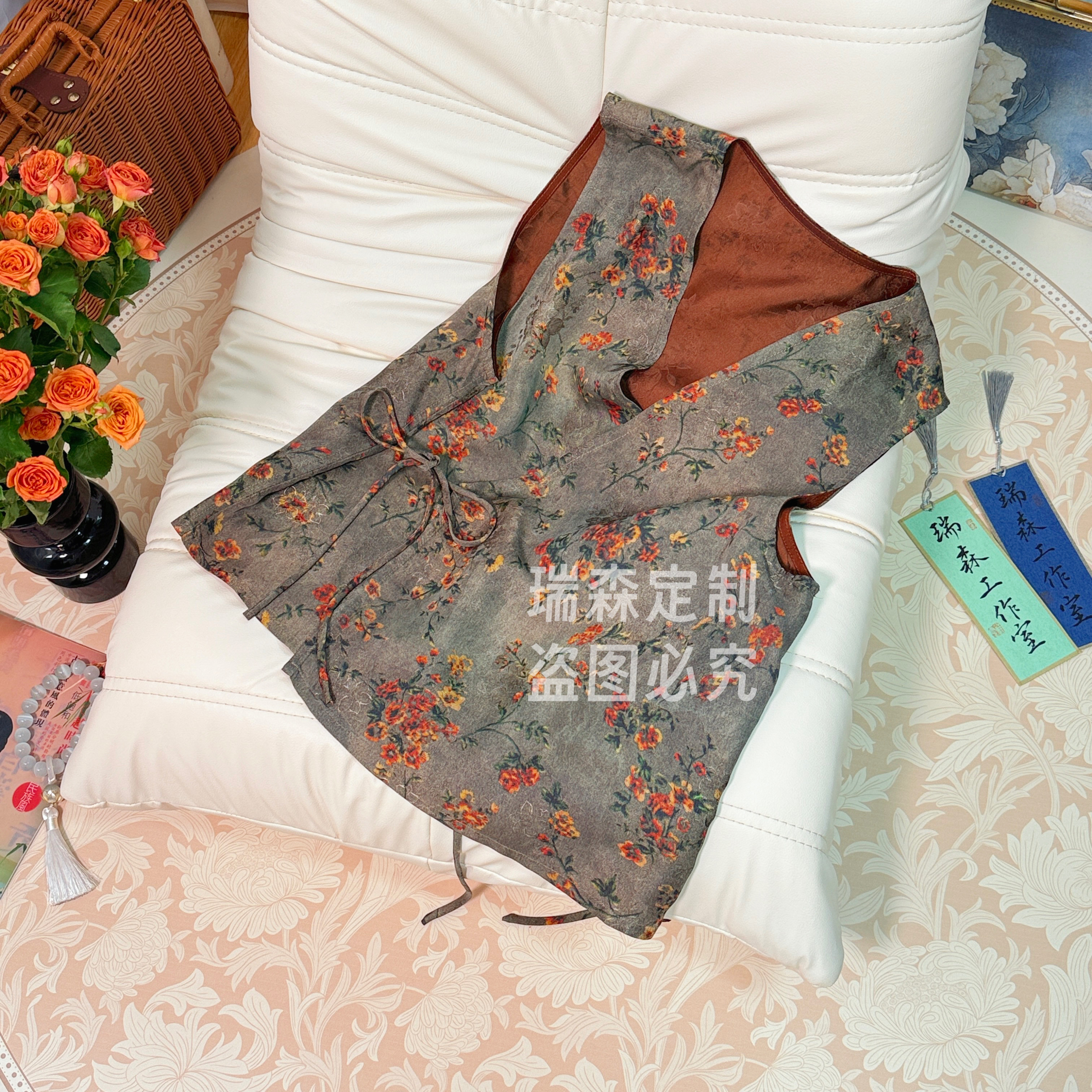 666 国风复古老钱风V领马甲薄款百搭气质-胸围100-衣长56