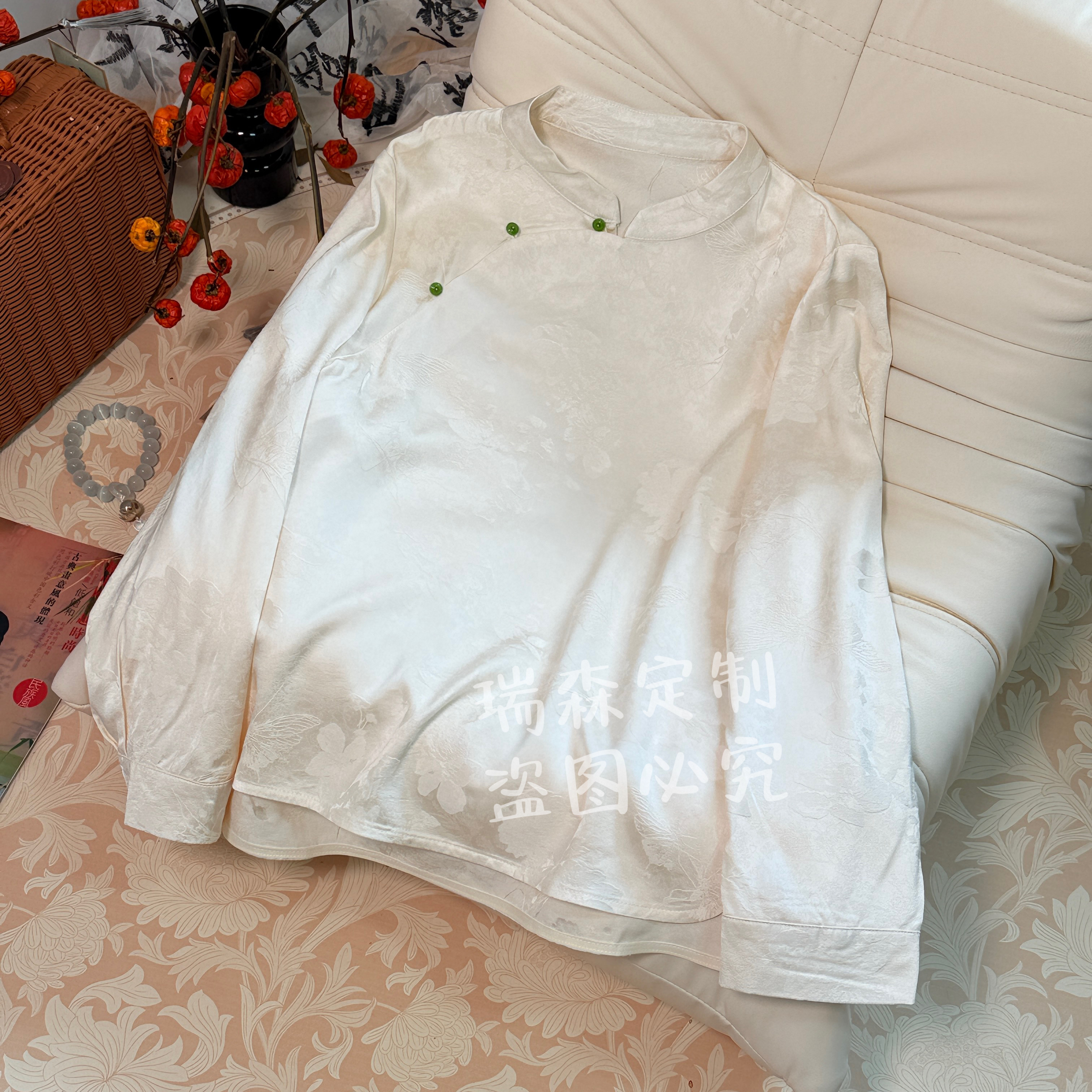 1034 蝶恋花改良旗袍立领长袖衬衫T恤上衣-胸围102-前长61-后长66