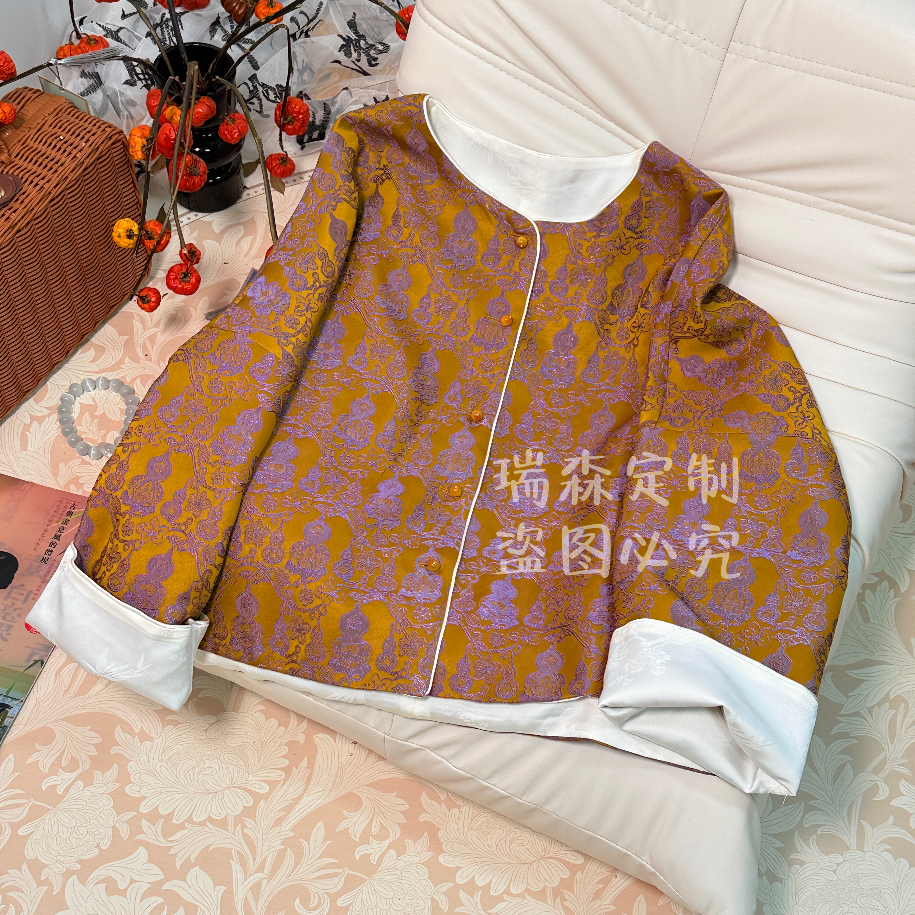 1059 中式国风纯色提花长袖外套上衣-胸围106-前长57-后长60