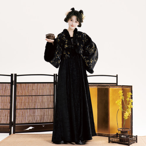 芷蘅间 雪落霓裳 黑色原创汉服女秋冬新中式汉元素国风通勤套装