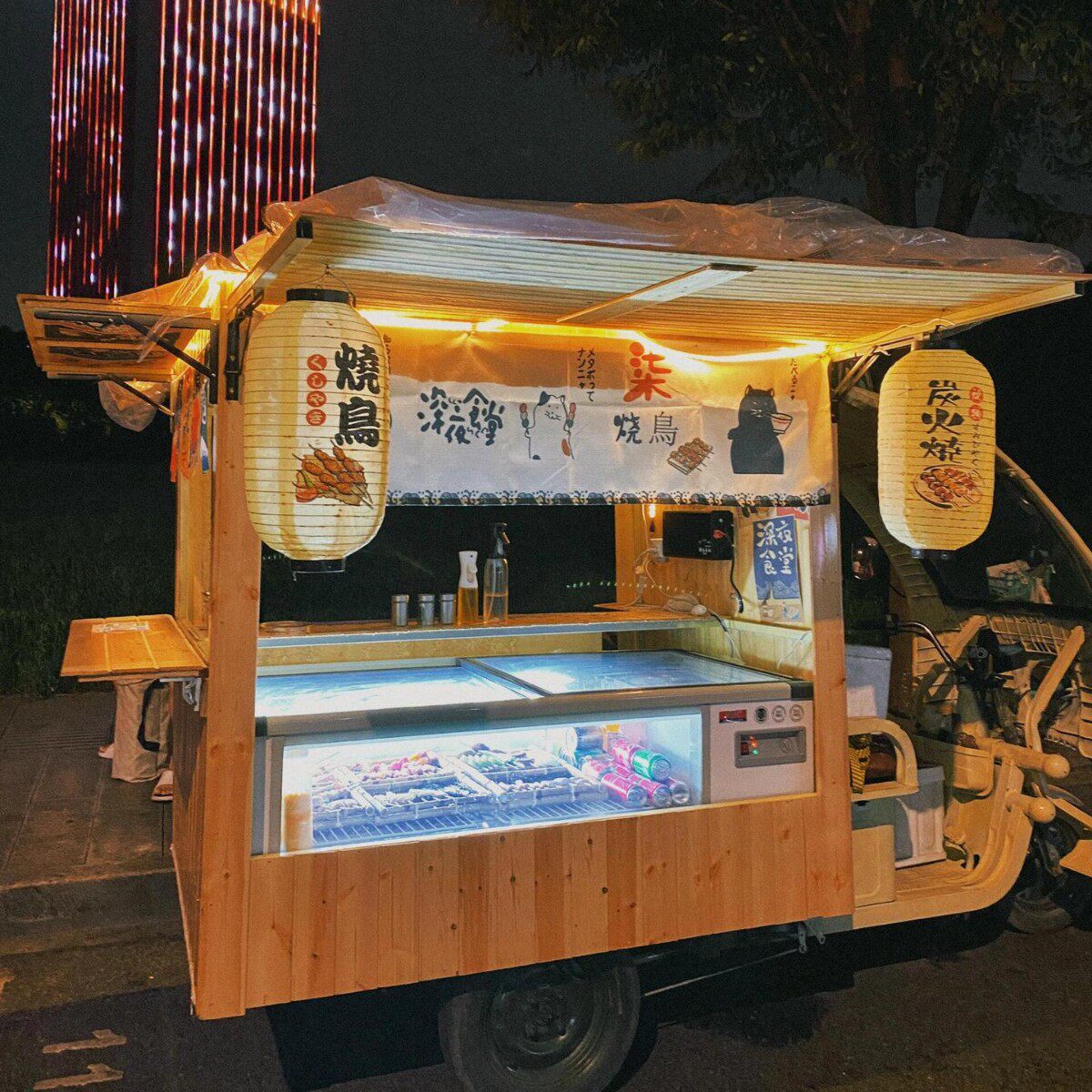 日式烧鸟餐车小吃防腐木和风夜市木制展示集市活动餐车户外摊位架