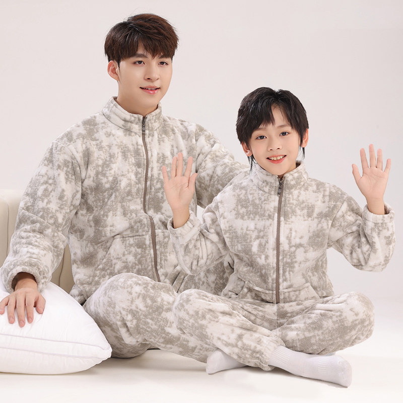 儿童法兰绒睡衣秋冬款中大童加绒加厚家居服女孩男童立领保暖套装