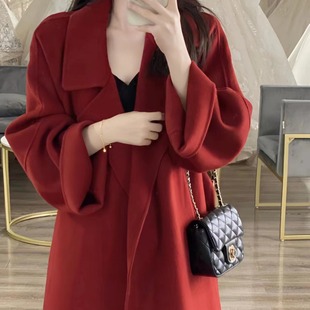 西西里红色双面羊毛大衣女2023秋冬复古中长款宽松韩版羊毛呢外套