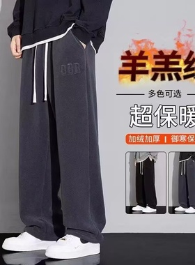 羊羔绒冬季男士裤子2025新款加绒加厚卫裤直筒宽松潮牌休闲裤棉裤