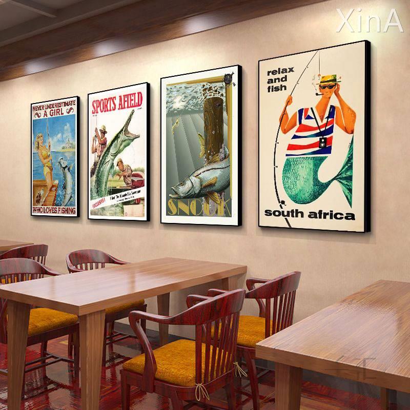 海鲜餐厅装饰画复古路亚油画挂画渔具店海钓馆钓鱼俱乐部艺术壁画图片