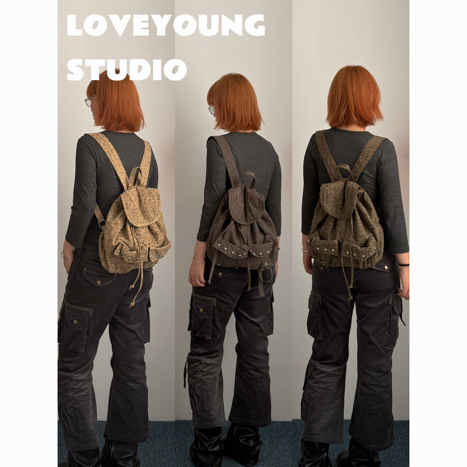 loveyoung 韩单 轻亚感休闲豹纹钉珠双肩包 秋冬复古双肩包