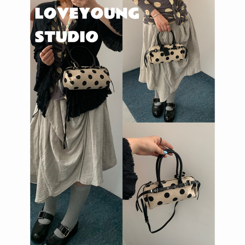 loveyoung“米波”mini腊肠包 复古手提斜挎麻料波点保龄球包