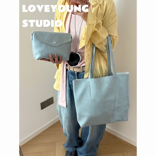 loveyoung 买大送小 雾霾蓝色慵懒风大托特包 新款单肩斜挎包