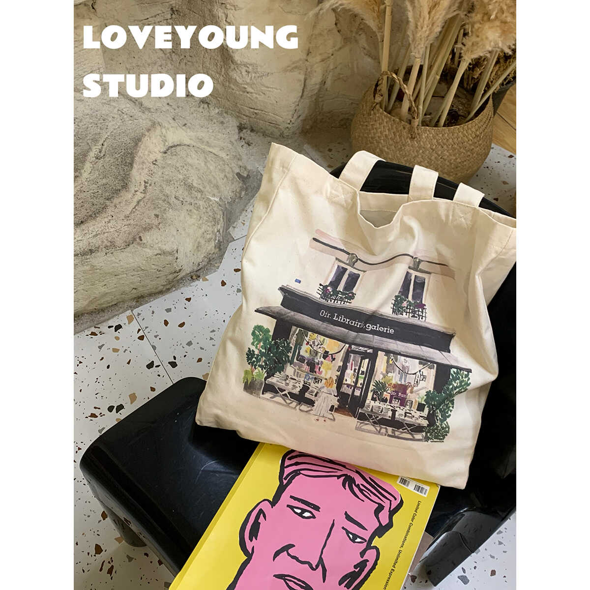 loveyoung 自制 韩国ofr书店新款双面单肩包帆布袋逛托特包