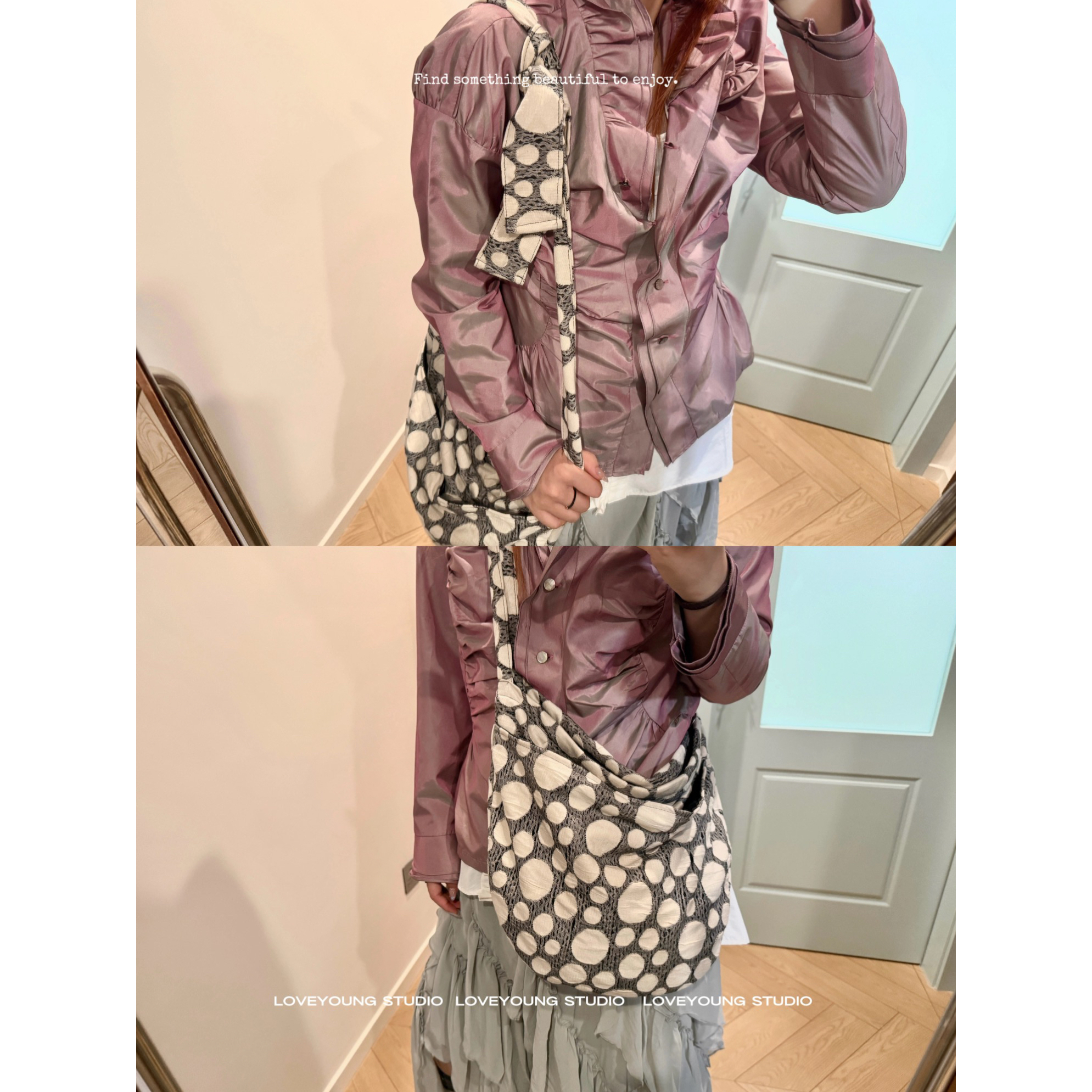 loveyoung原创“波点泡泡”限定日系灰色长肩带千禧微亚感斜挎包