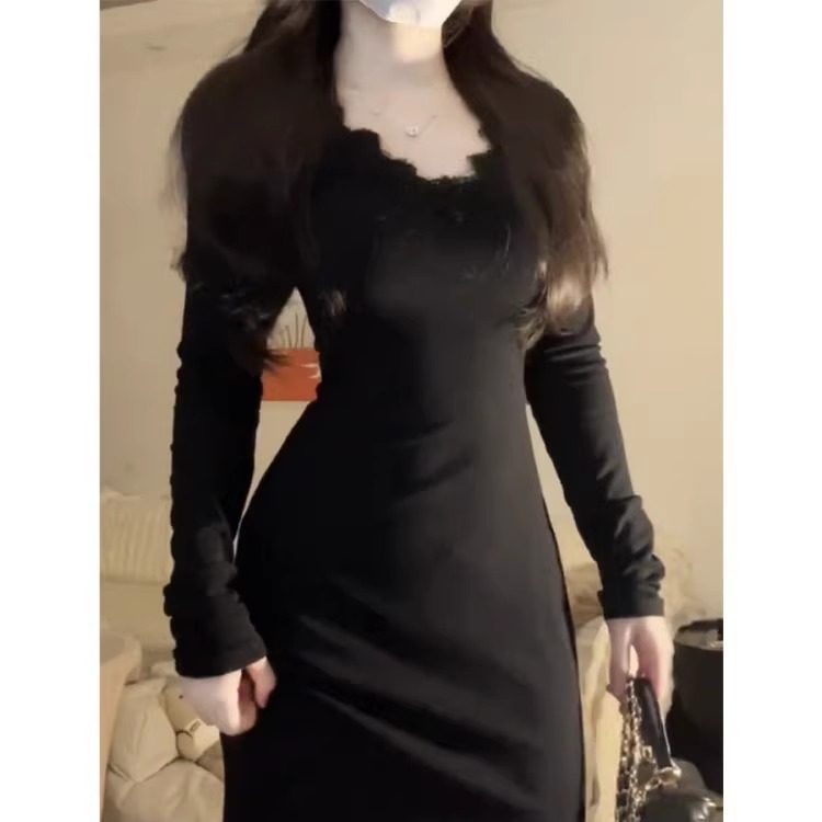 黑色鱼尾蕾丝打底连衣裙子女装早连衣裙
