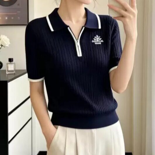 学院风半拉链Polo领针织小衫撞色包边刺绣麻花短袖女减龄百搭上衣