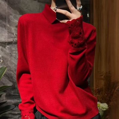 繁花法式镂空翻领显瘦针织衫