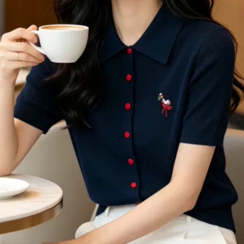 火烈鸟藏青高级时尚显瘦百搭纯色短袖针织衫女053948