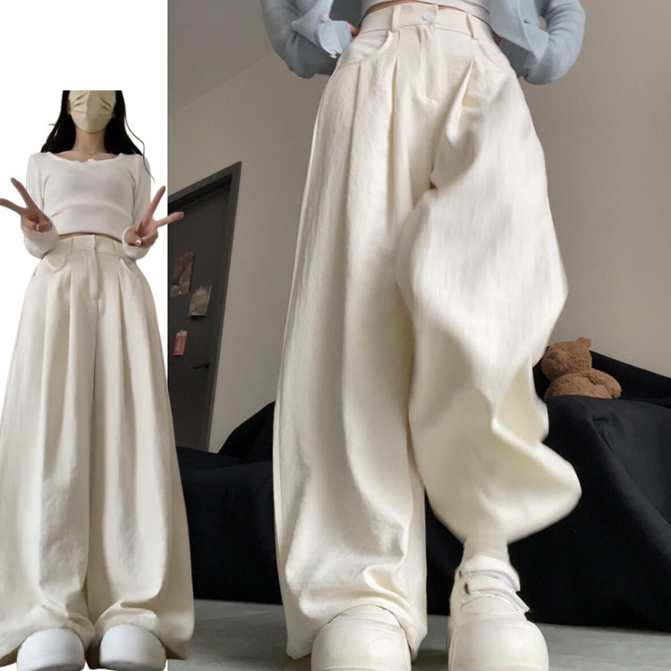 韩系松弛感奶芙肌理西装裤女夏季2026新款冰丝褶皱显瘦宽松阔腿裤图片