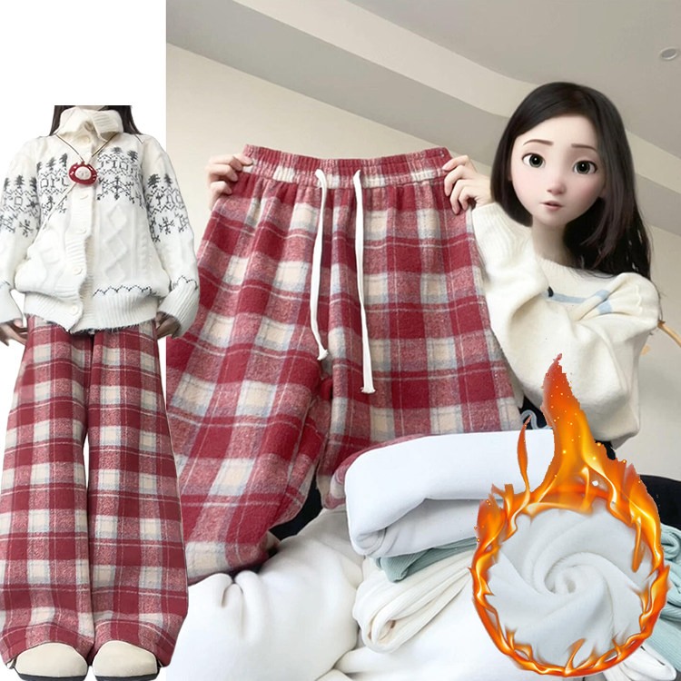 圣诞红韩系毛呢格子裤女秋冬季2025新款加绒加厚高腰小个子阔腿裤,女装/女士精品,休闲裤,淘宝优惠券,粉丝福利购,淘宝优惠卷