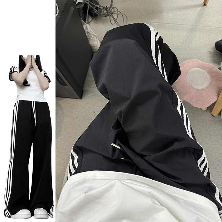 美式高街速干休闲运动裤女夏季薄款2025新款宽松显瘦垂感条纹裤子