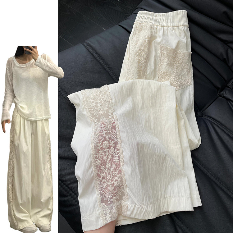奶芙镂空山本裤女夏季薄款2026新款显瘦慵懒感蕾丝拼接冰丝直筒裤