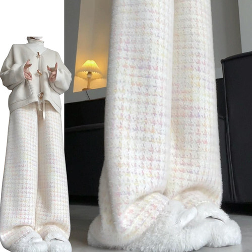 韩系千鸟格粉色绒绒休闲裤女秋冬季2025新款水貂绒软糯亲肤阔腿裤