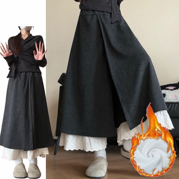 灰色慵懒加绒蕾丝花边裙裤女秋冬季2025新款复古高腰加厚半身裙裤