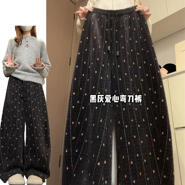 黑灰色彩虹刺绣弯刀裤女秋冬季2026新款时尚减龄人字纹两穿绒绒裤,女装/女士精品,休闲裤,淘宝优惠券,粉丝福利购,淘宝优惠卷