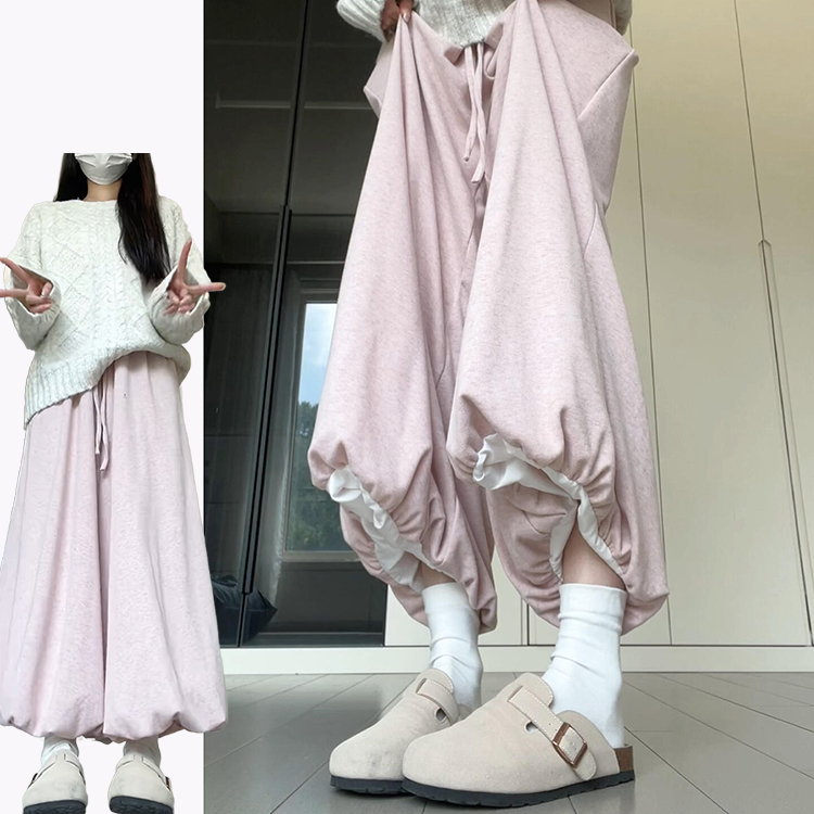 韩系甜美高腰蓬蓬花苞裤女秋冬季2025新款垂坠感显瘦针织糯米裙裤