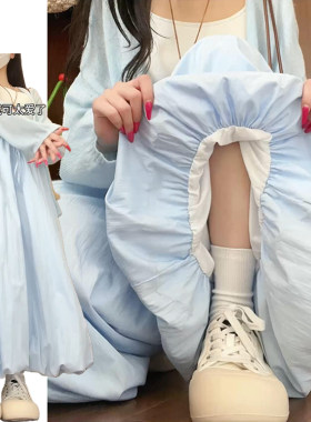 蓝色温柔感百搭花苞裙裤女春夏季2026新款慵懒宽松垂感休闲灯笼裤
