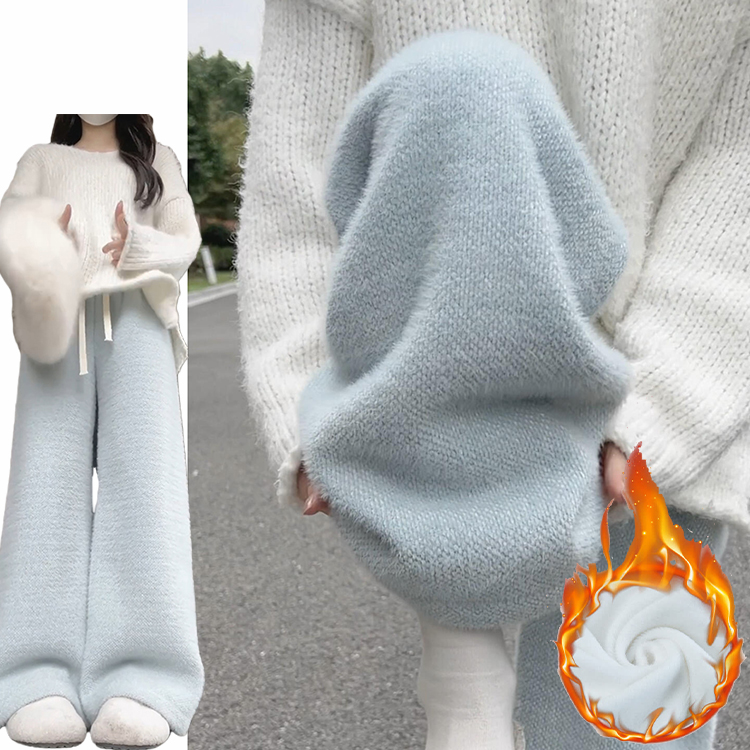 蓝色温柔风加厚保暖糯米裤女秋冬季2025新款水貂毛加绒慵懒休闲裤