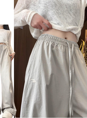 浅灰色美式高街刺绣工装裤女春夏季2025新款设计感褶皱遛弯阔腿裤